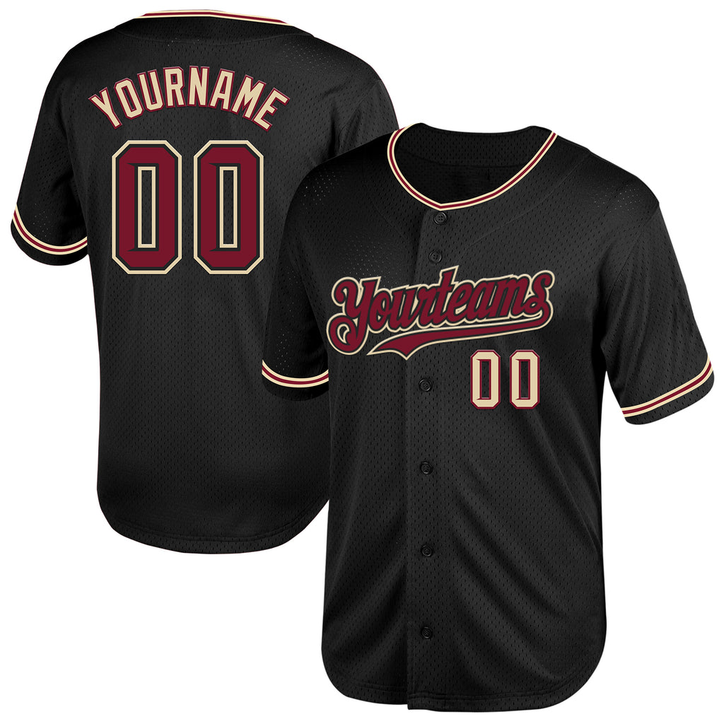 Custom Black Crimson-City Cream Mesh Authentic Throwback Baseball Jersey