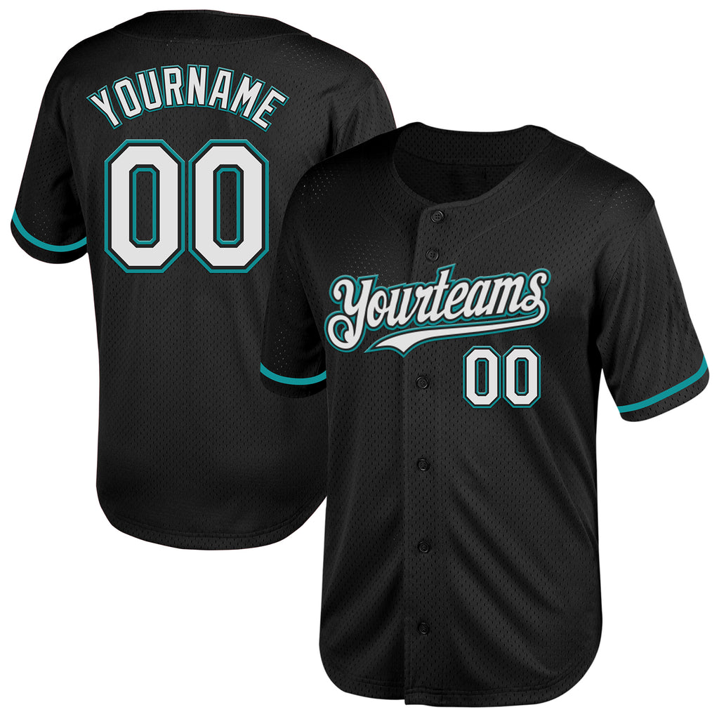 Custom Black White-Teal Mesh Authentic Throwback Baseball Jersey