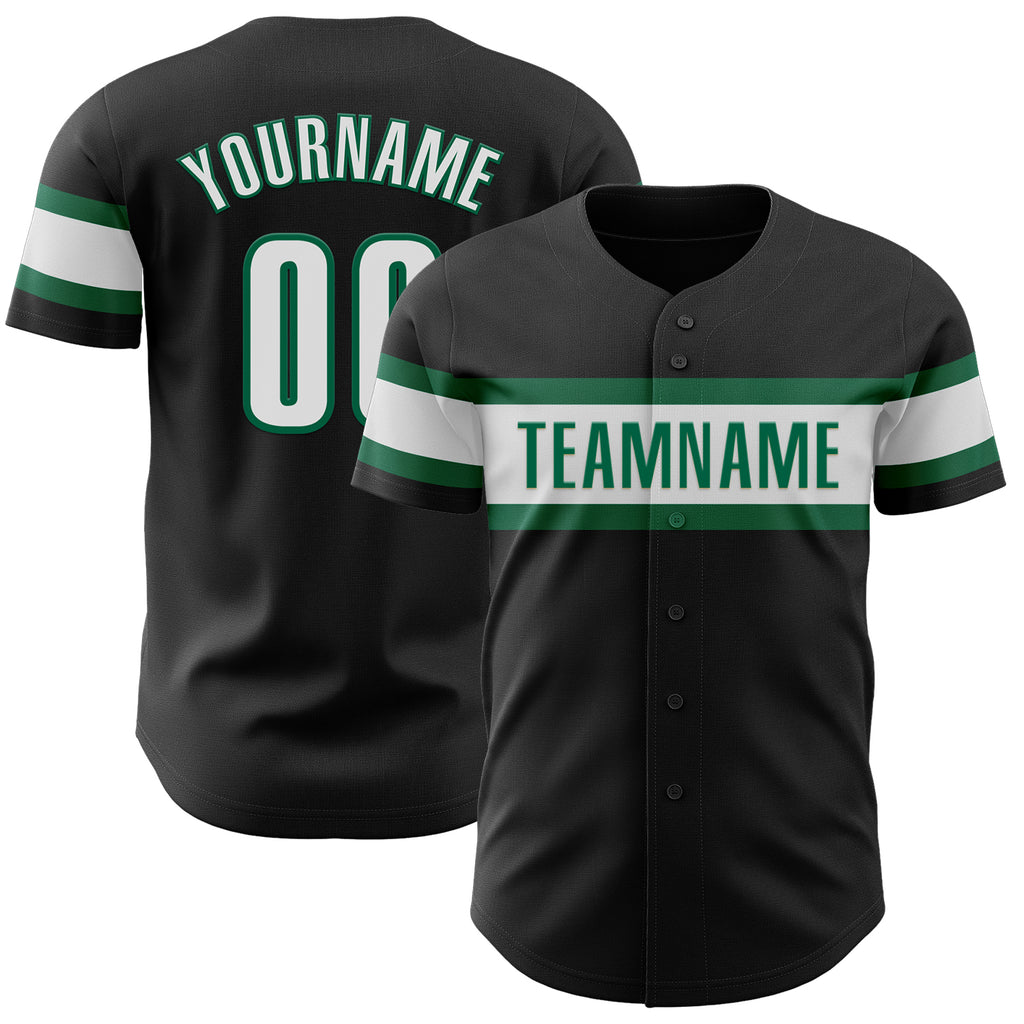 Custom Black White-Kelly Green Authentic Baseball Jersey