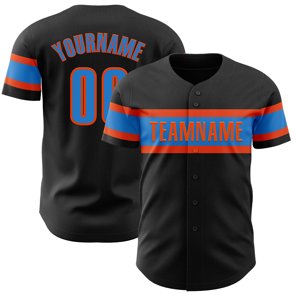 Custom Black Electric Blue-Orange Authentic Baseball Jersey