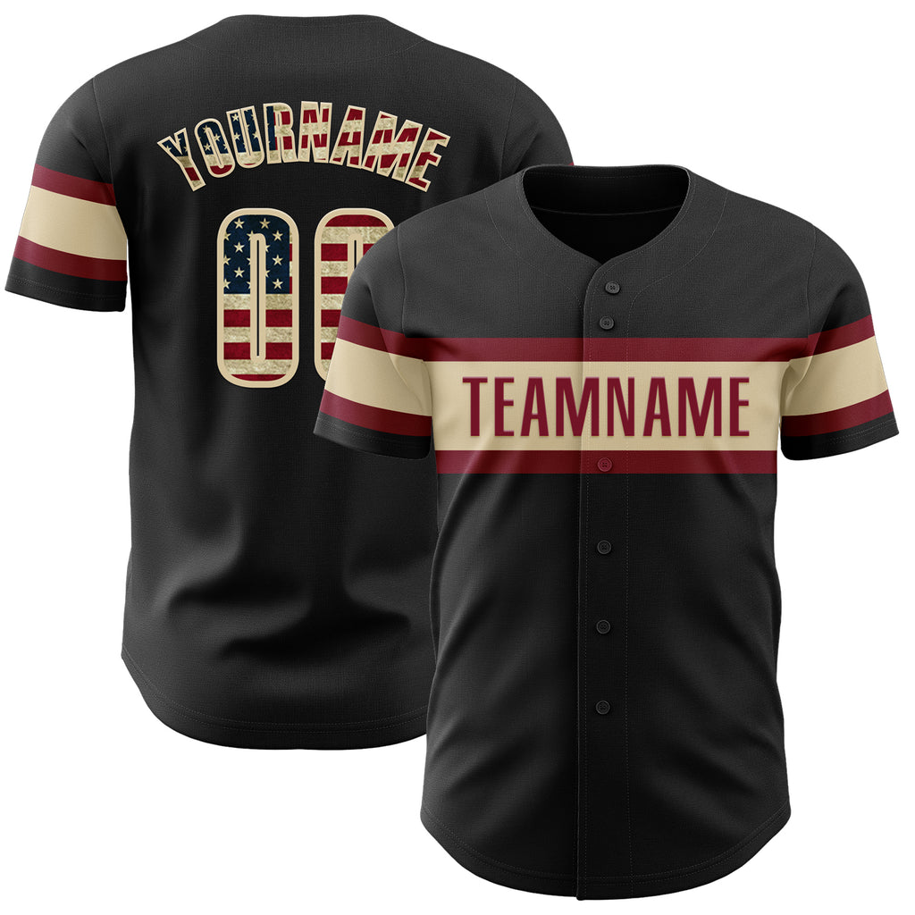 Custom Black Vintage USA Flag Cream-Crimson Authentic Baseball Jersey