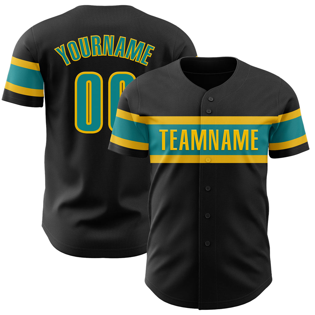 Custom Black Teal-Yellow Authentic Baseball Jersey