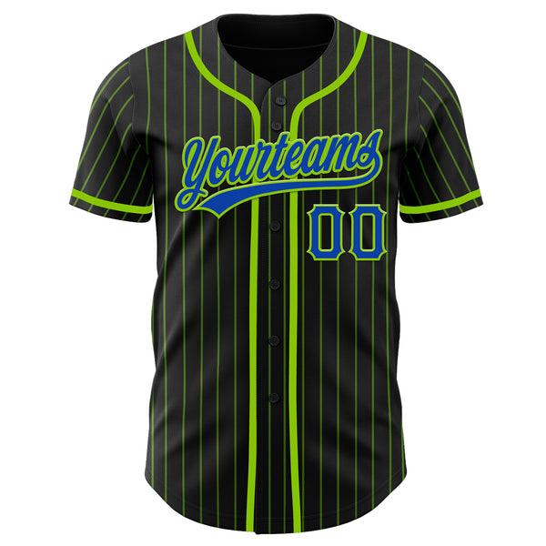 Custom Black Neon Green Pinstripe Thunder Blue Authentic Baseball Jersey