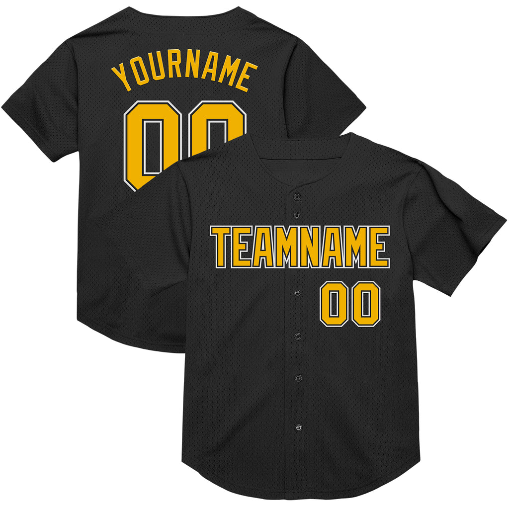 Custom Black Gold-White Mesh Authentic Throwback Baseball Jersey