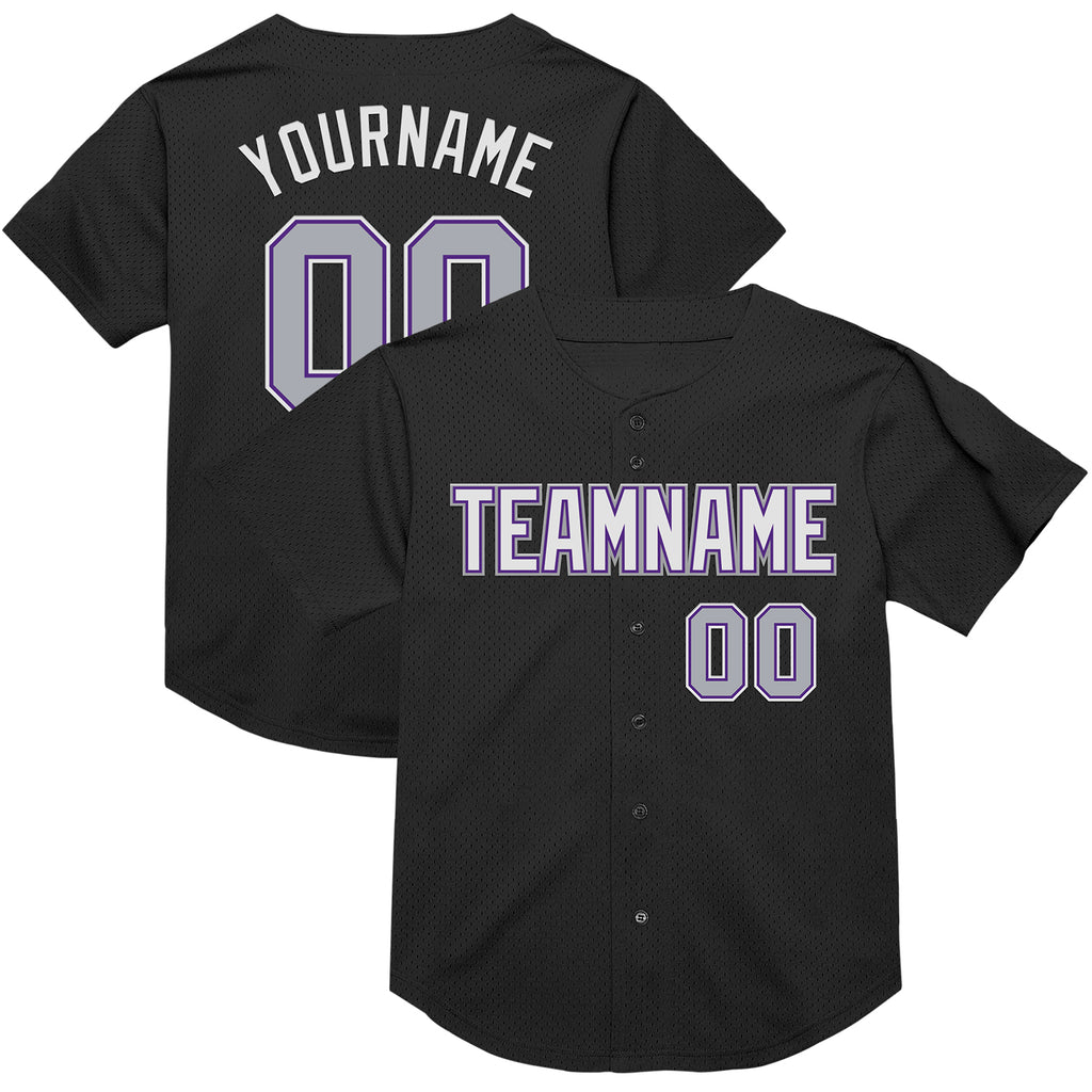 Custom Black Gray-Purple Mesh Authentic Throwback Baseball Jersey