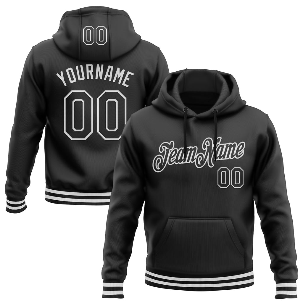 Custom Stitched Black White Sports Pullover Sweatshirt Hoodie