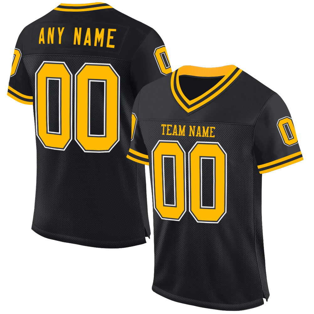 Custom Black Gold-White Mesh Authentic Throwback Football Jersey