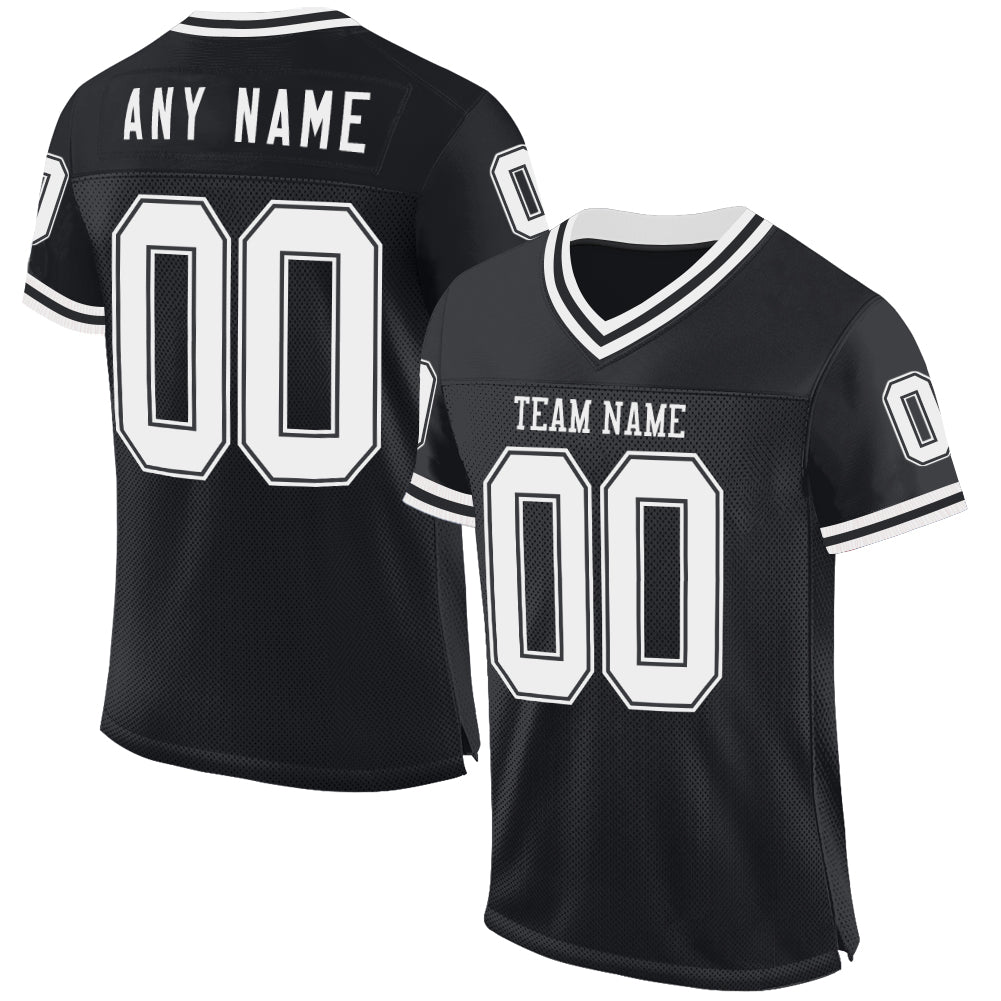 Custom Black White Mesh Authentic Throwback Football Jersey