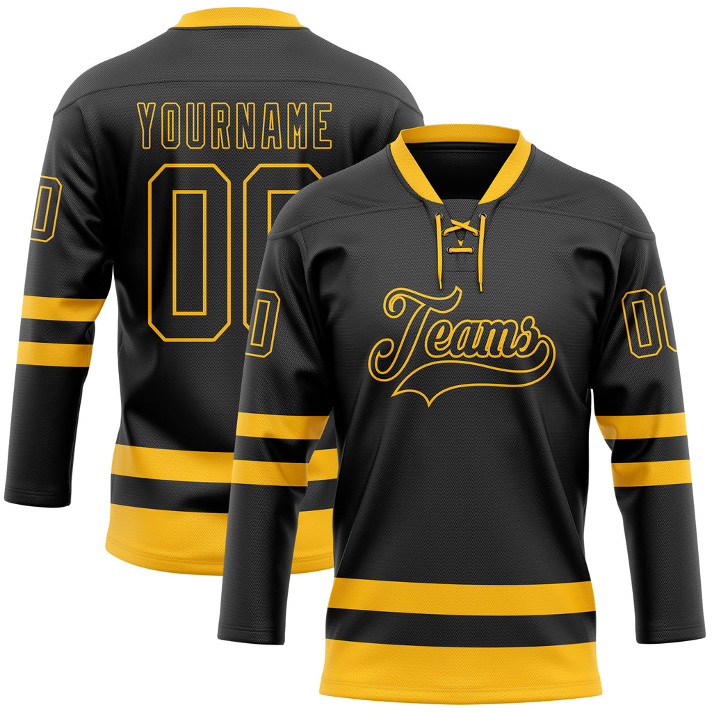 Custom Black Gold Hockey Lace Neck Jersey