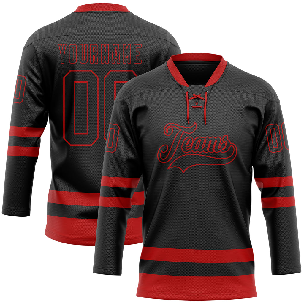 Custom Black Red Hockey Lace Neck Jersey