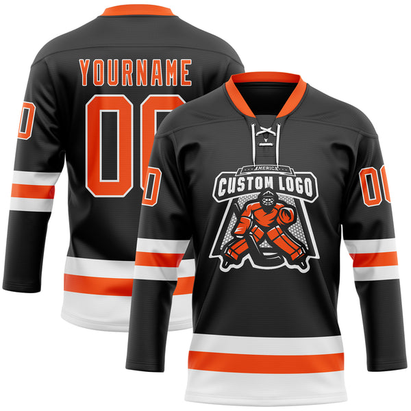 Custom Black Orange-White Hockey Lace Neck Jersey