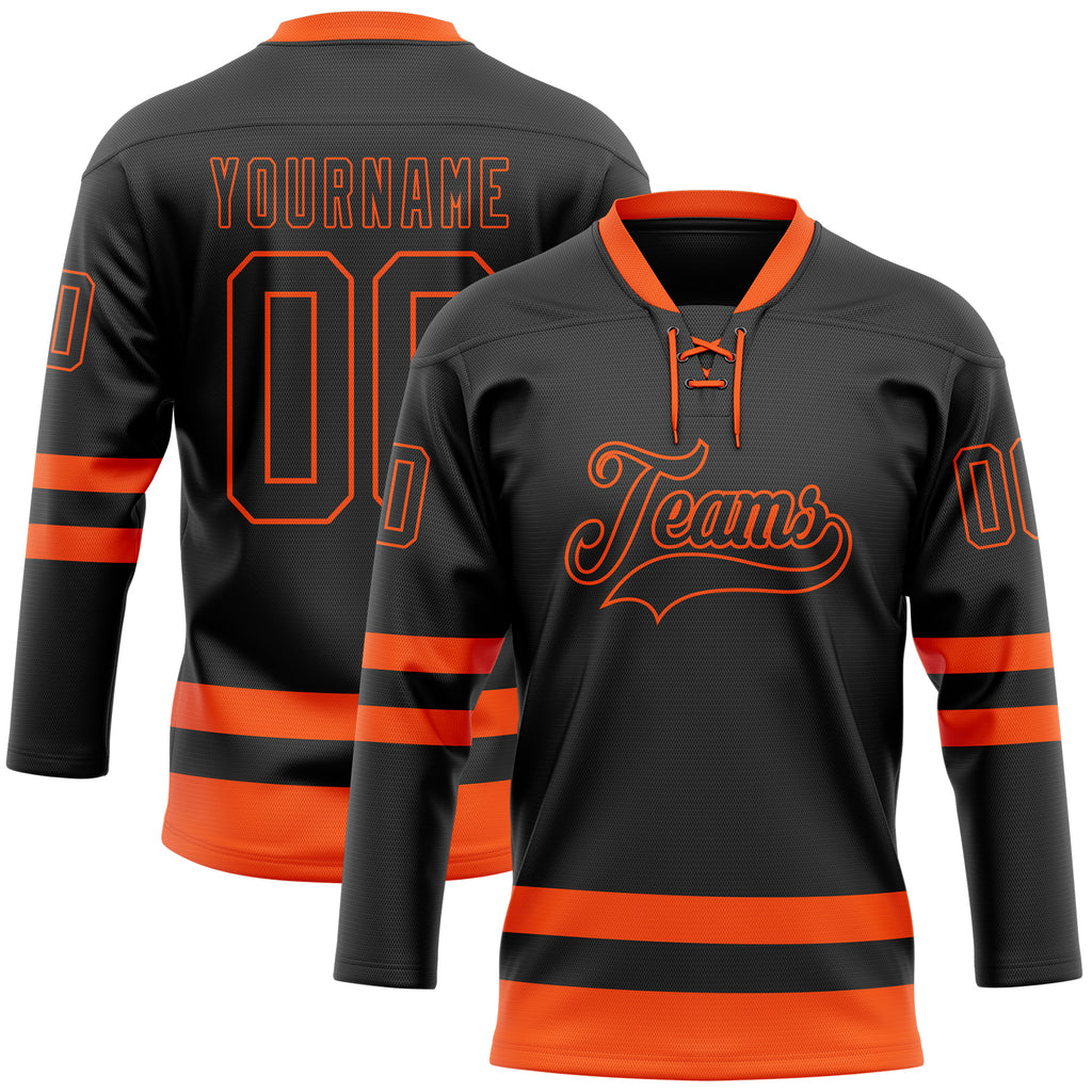 Custom Black Orange Hockey Lace Neck Jersey