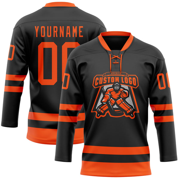 Custom Black Orange Hockey Lace Neck Jersey