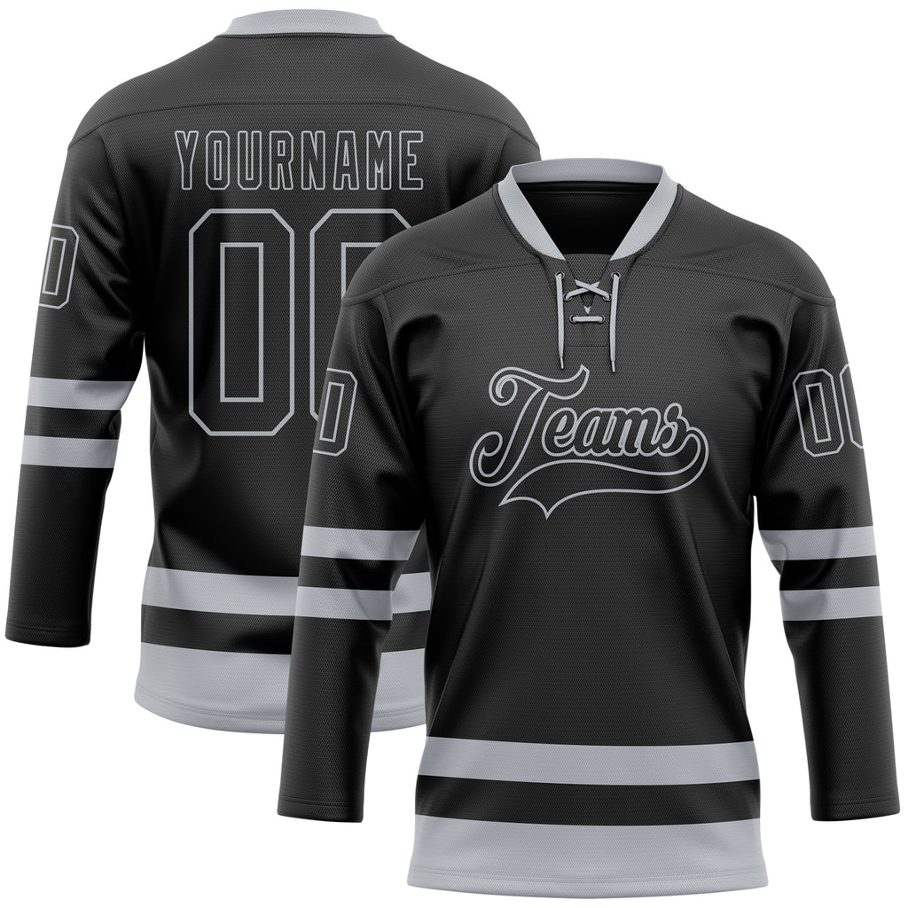 Custom Black Gray Hockey Lace Neck Jersey