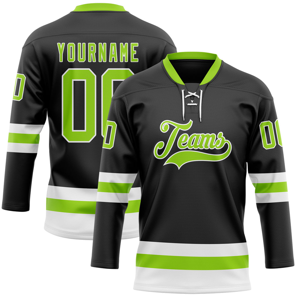 Custom Black Neon Green-White Hockey Lace Neck Jersey