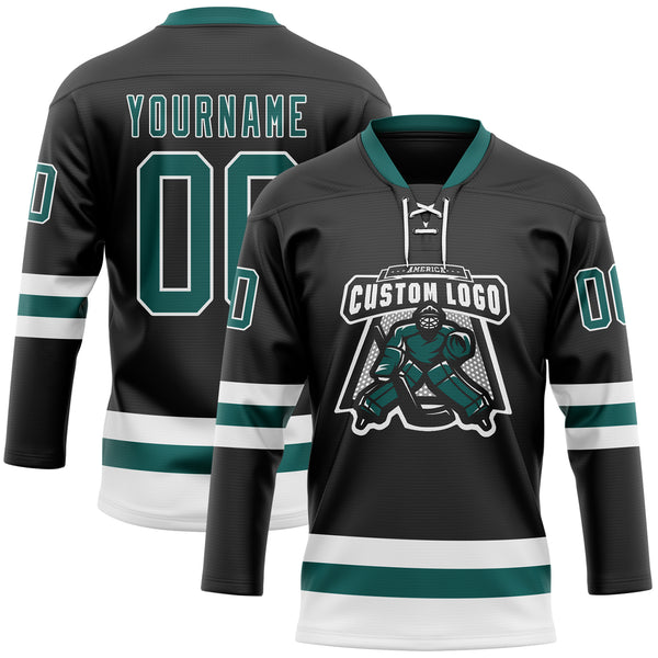 Custom Black Midnight Green-White Hockey Lace Neck Jersey