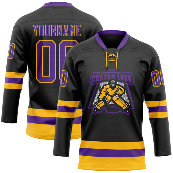 Custom Black Purple-Gold Hockey Lace Neck Jersey