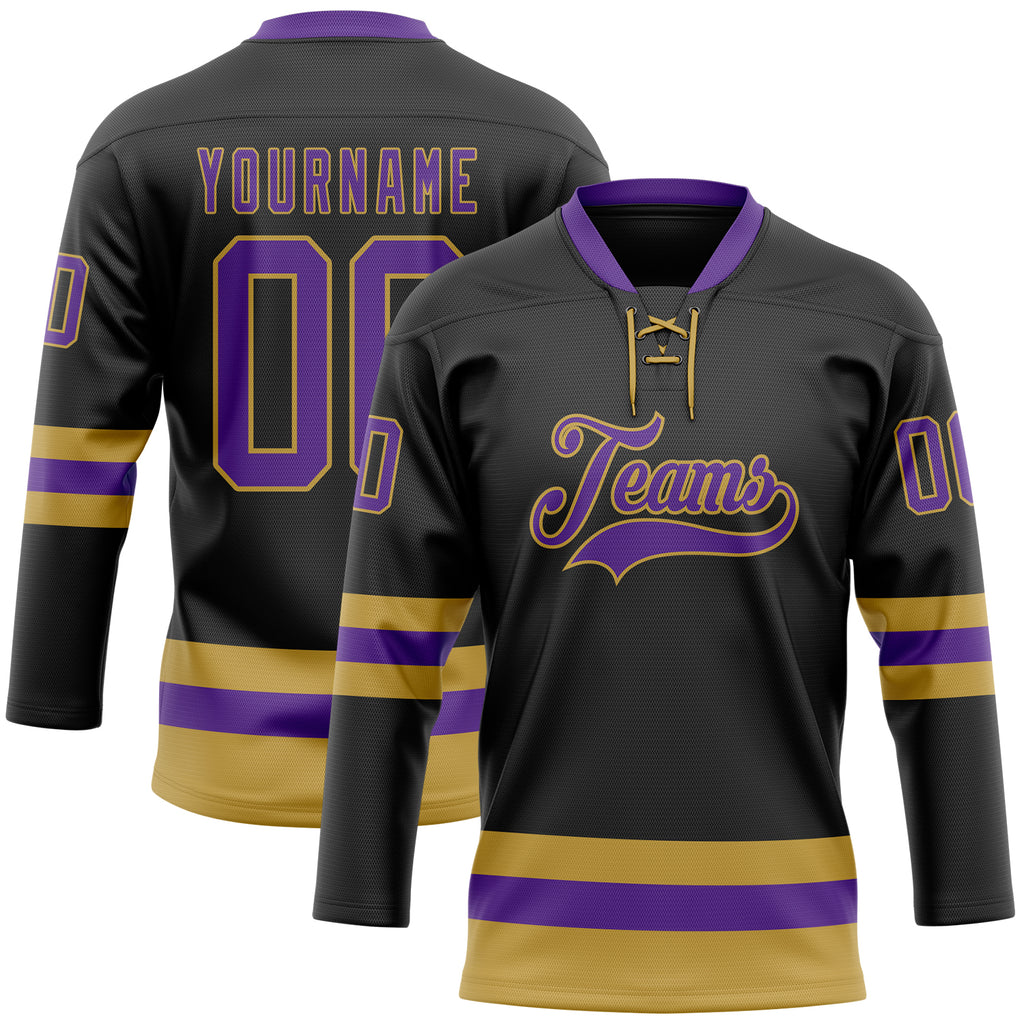 Custom Black Purple-Old Gold Hockey Lace Neck Jersey