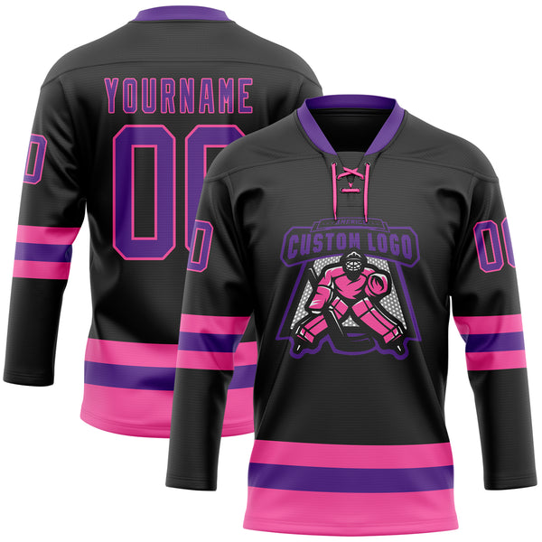 Custom Black Purple-Pink Hockey Lace Neck Jersey