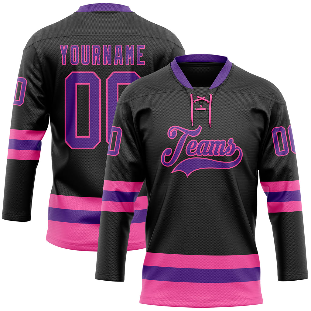 Custom Black Purple-Pink Hockey Lace Neck Jersey