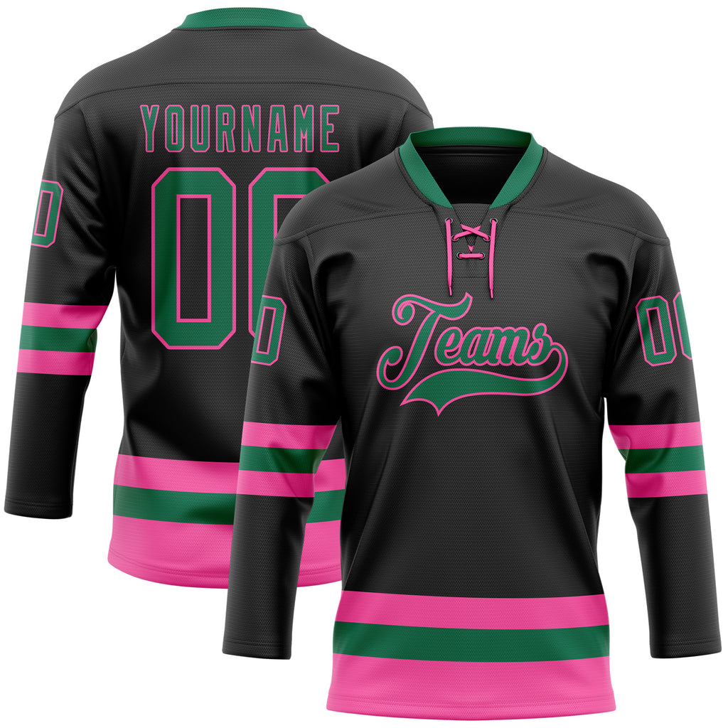 Custom Black Kelly Green-Pink Hockey Lace Neck Jersey