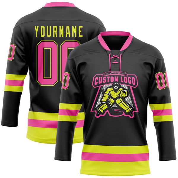 Custom Black Pink-Neon Yellow Hockey Lace Neck Jersey