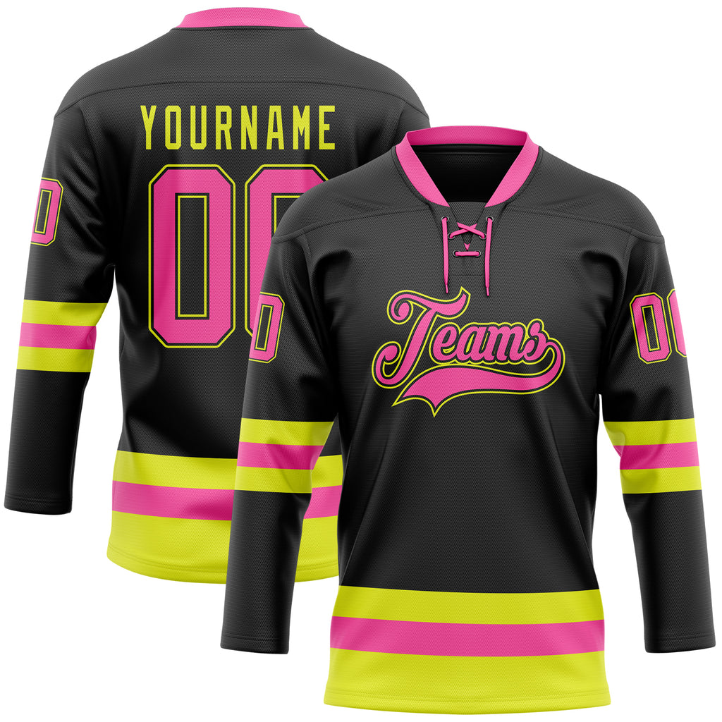 Custom Black Pink-Neon Yellow Hockey Lace Neck Jersey