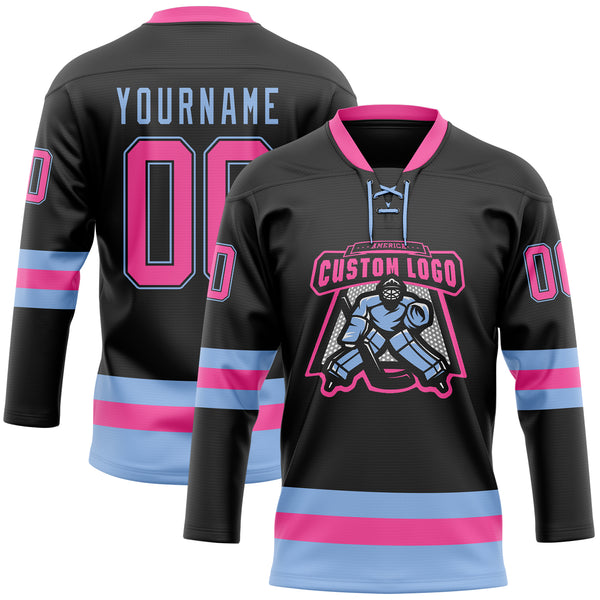 Custom Black Pink-Light Blue Hockey Lace Neck Jersey