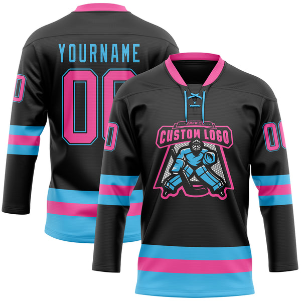 Custom Black Pink-Sky Blue Hockey Lace Neck Jersey