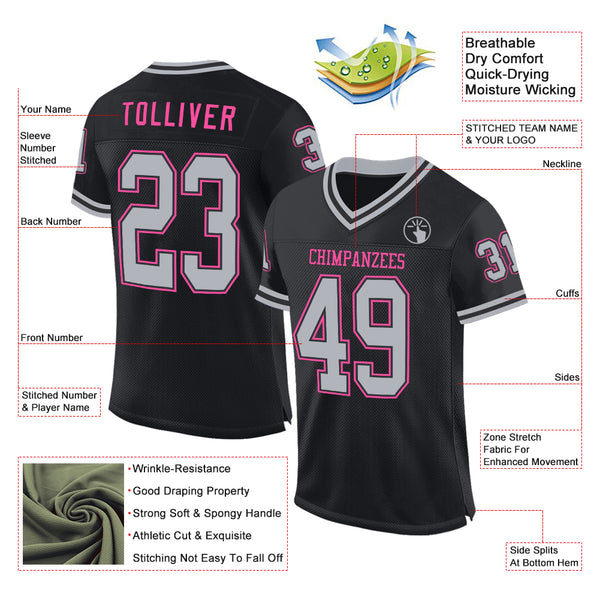 Custom Black Gray-Pink Mesh Authentic Throwback Football Jersey