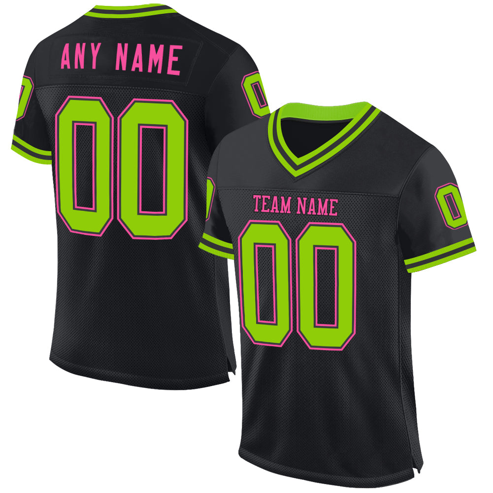 Custom Black Neon Green-Pink Mesh Authentic Throwback Football Jersey