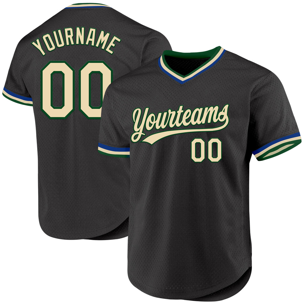 Custom Black Cream Green-Royal Authentic Throwback Baseball Jersey