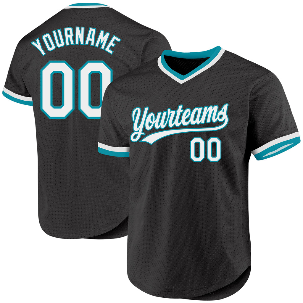 Custom Black White-Teal Authentic Throwback Baseball Jersey