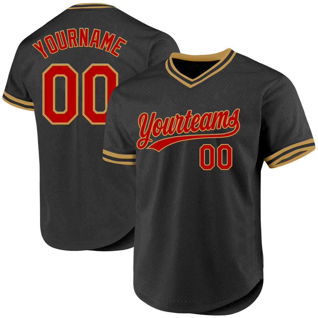 Custom Black Red-Old Gold Authentic Throwback Baseball Jersey