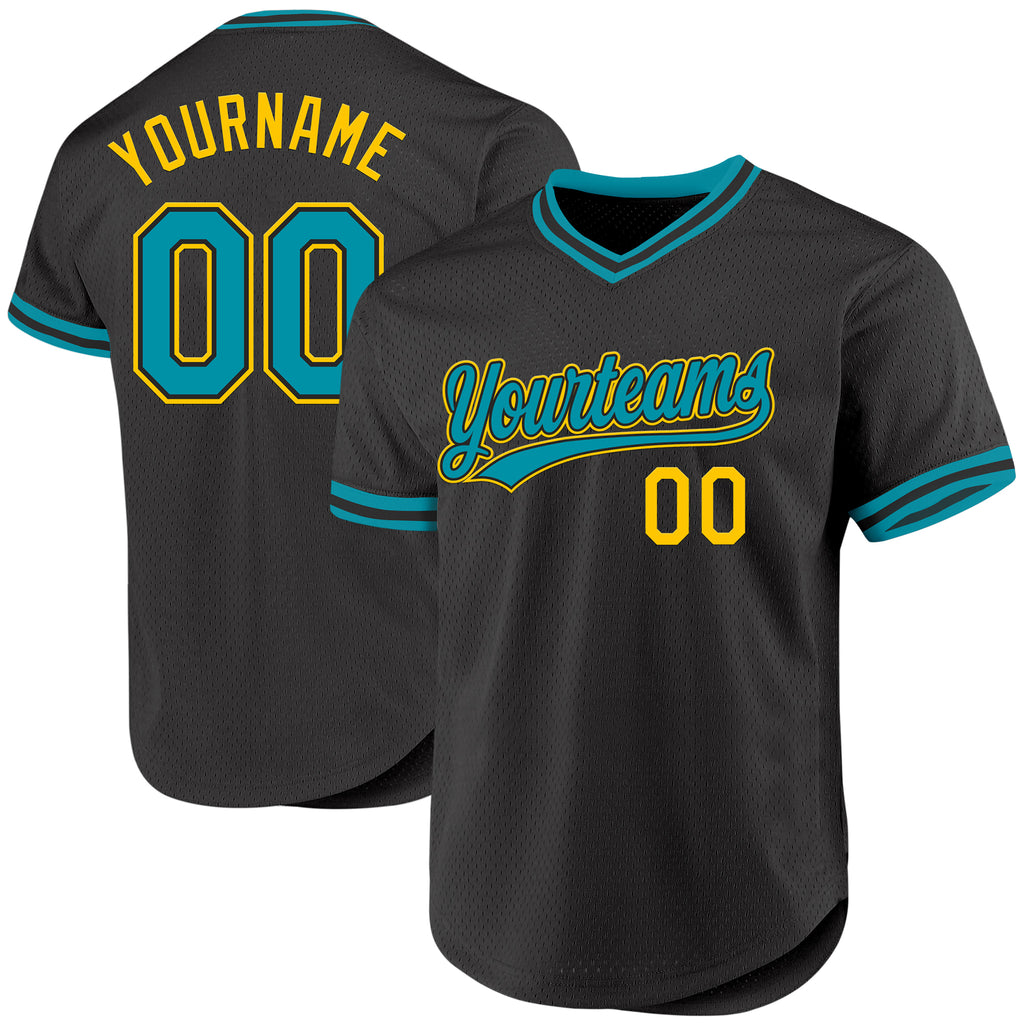 Custom Black Teal-Yellow Authentic Throwback Baseball Jersey