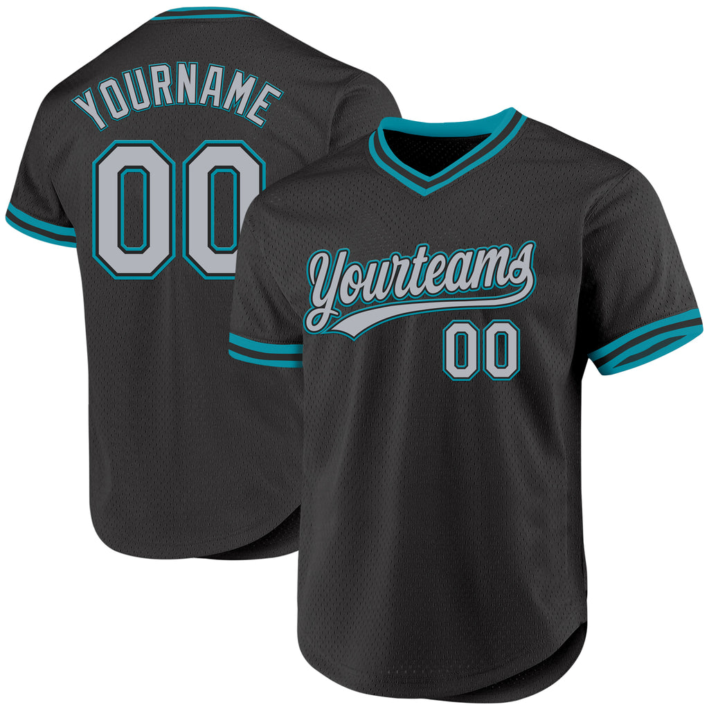 Custom Black Gray-Teal Authentic Throwback Baseball Jersey