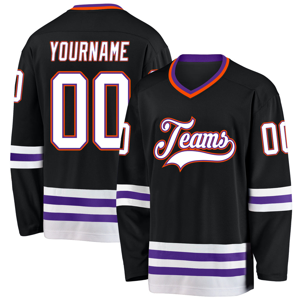 Custom Black Purple-Orange Hockey Jersey