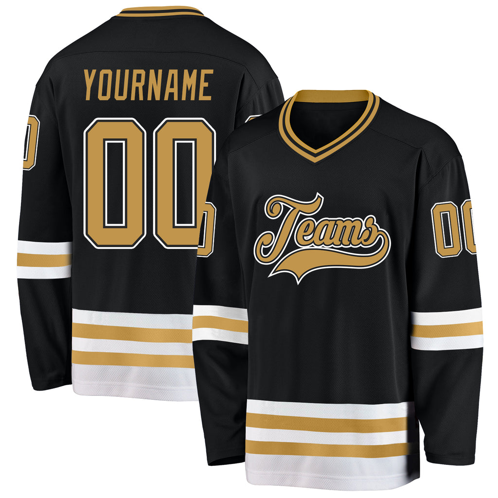 Custom Black Old Gold-White Hockey Jersey