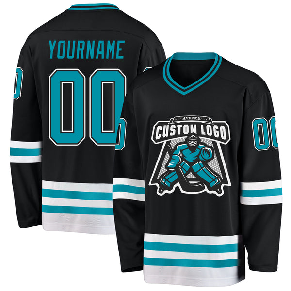 Custom Black Teal-White Hockey Jersey