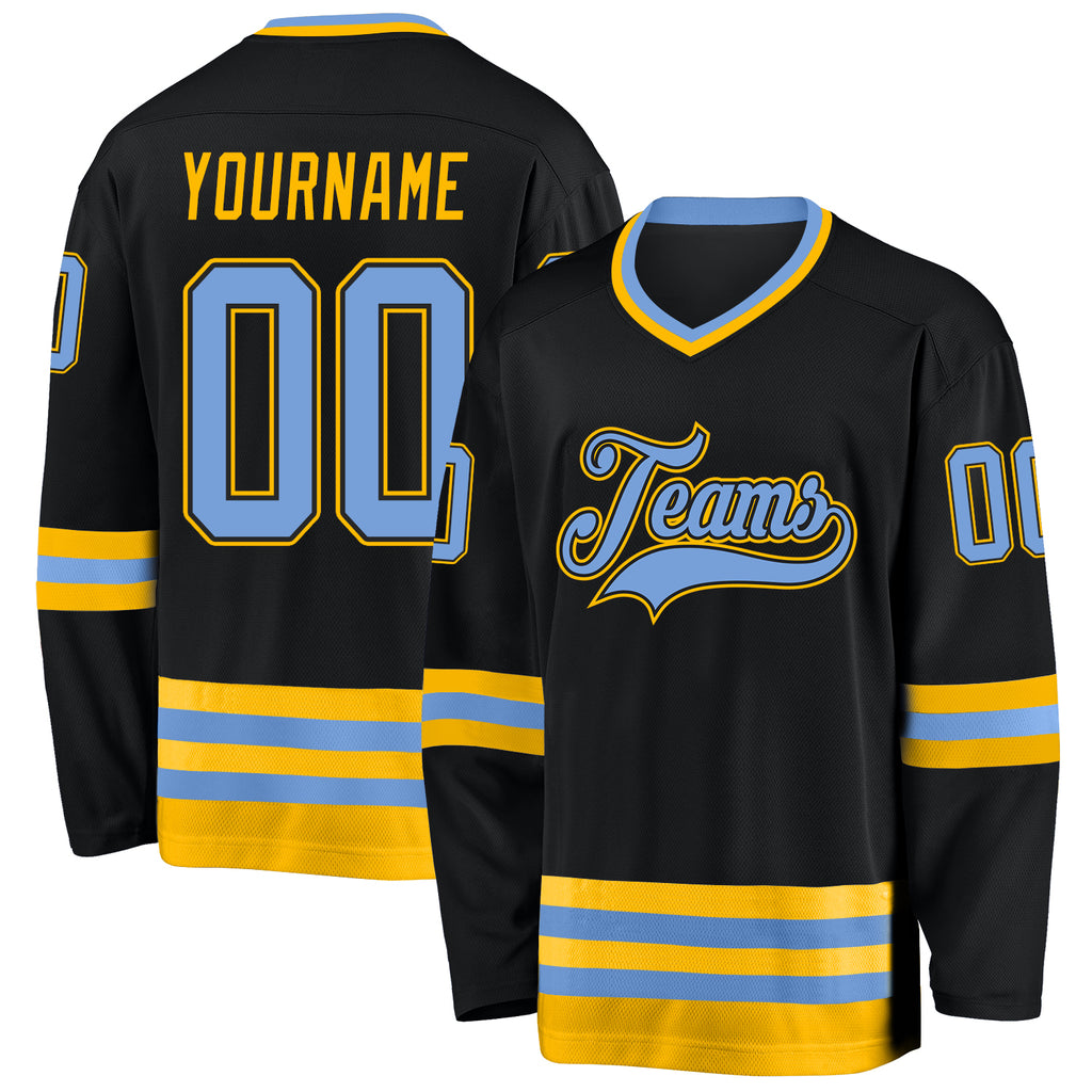 Custom Black Light Blue-Gold Hockey Jersey