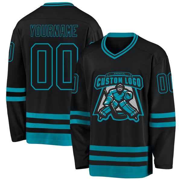 Custom Black Teal Hockey Jersey