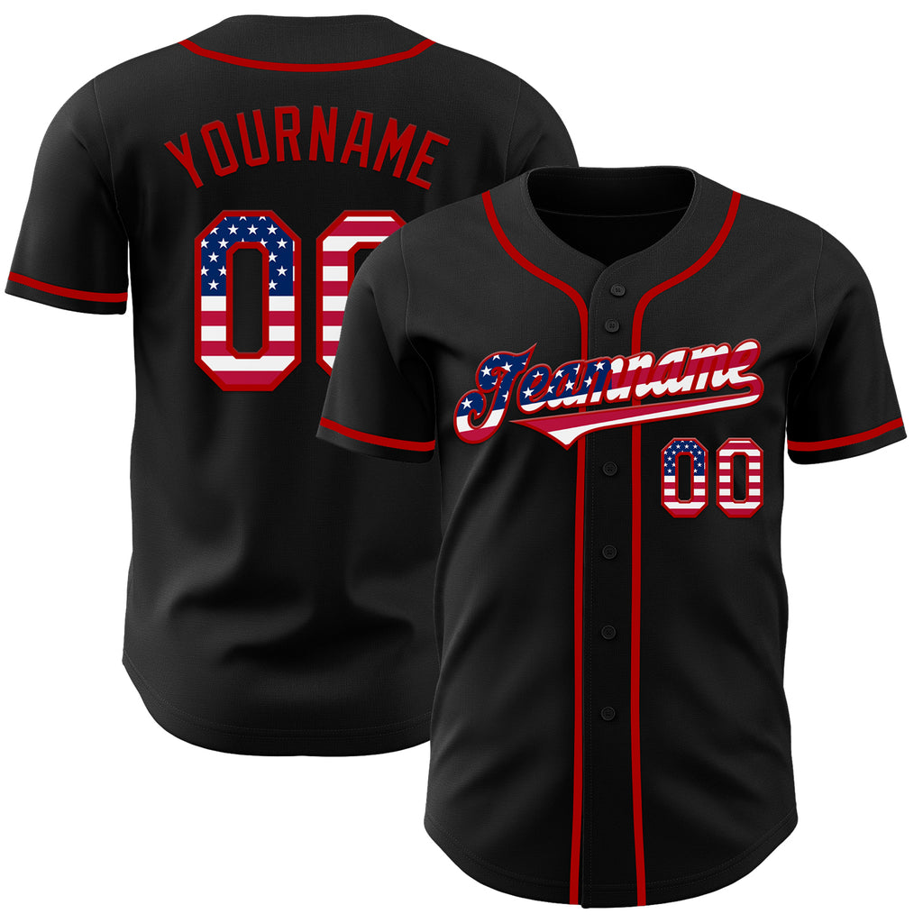 Custom Black USA Flag-Red Authentic Baseball Jersey