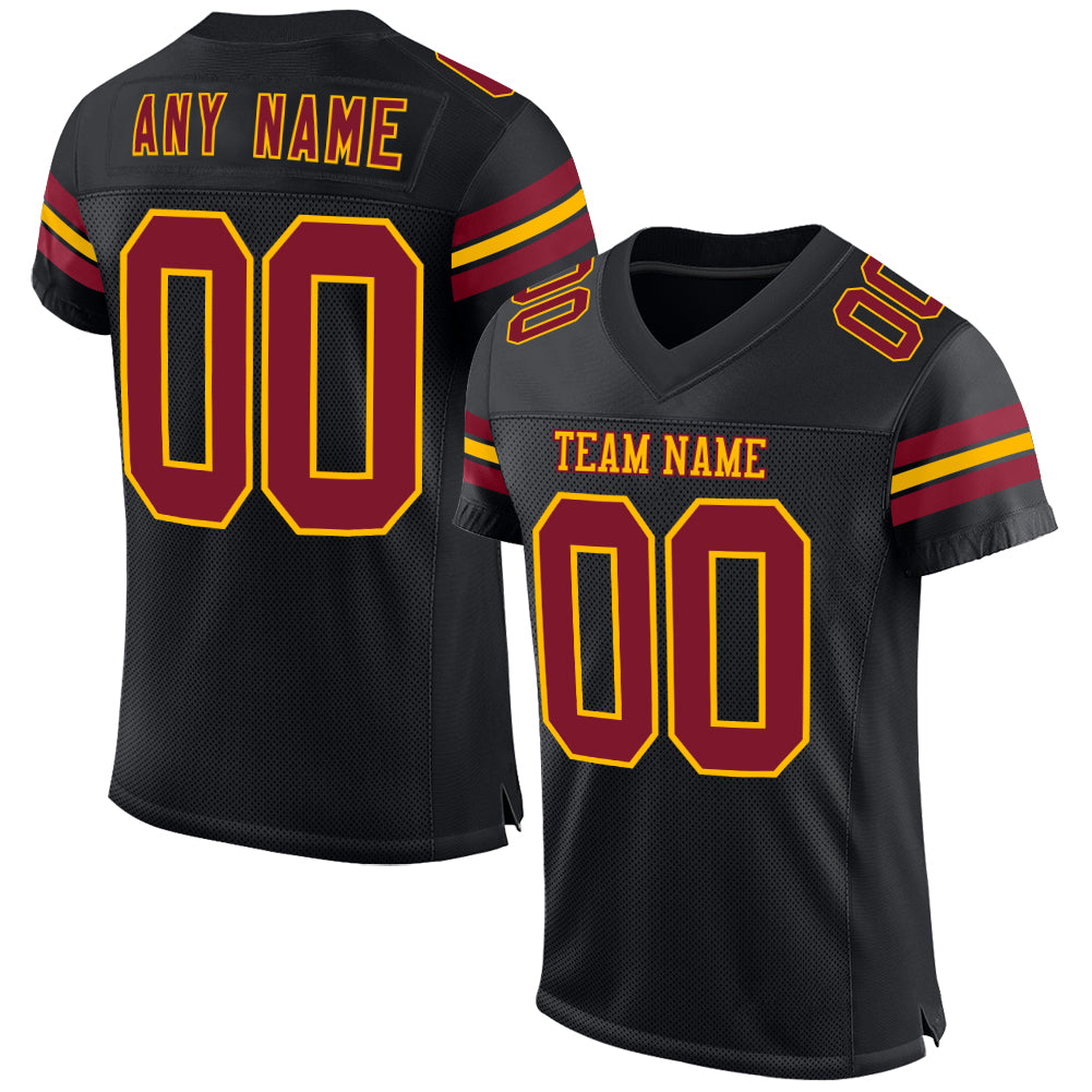 Custom Black Crimson-Gold Mesh Authentic Football Jersey