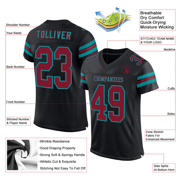 Custom Black Crimson-Teal Mesh Authentic Football Jersey