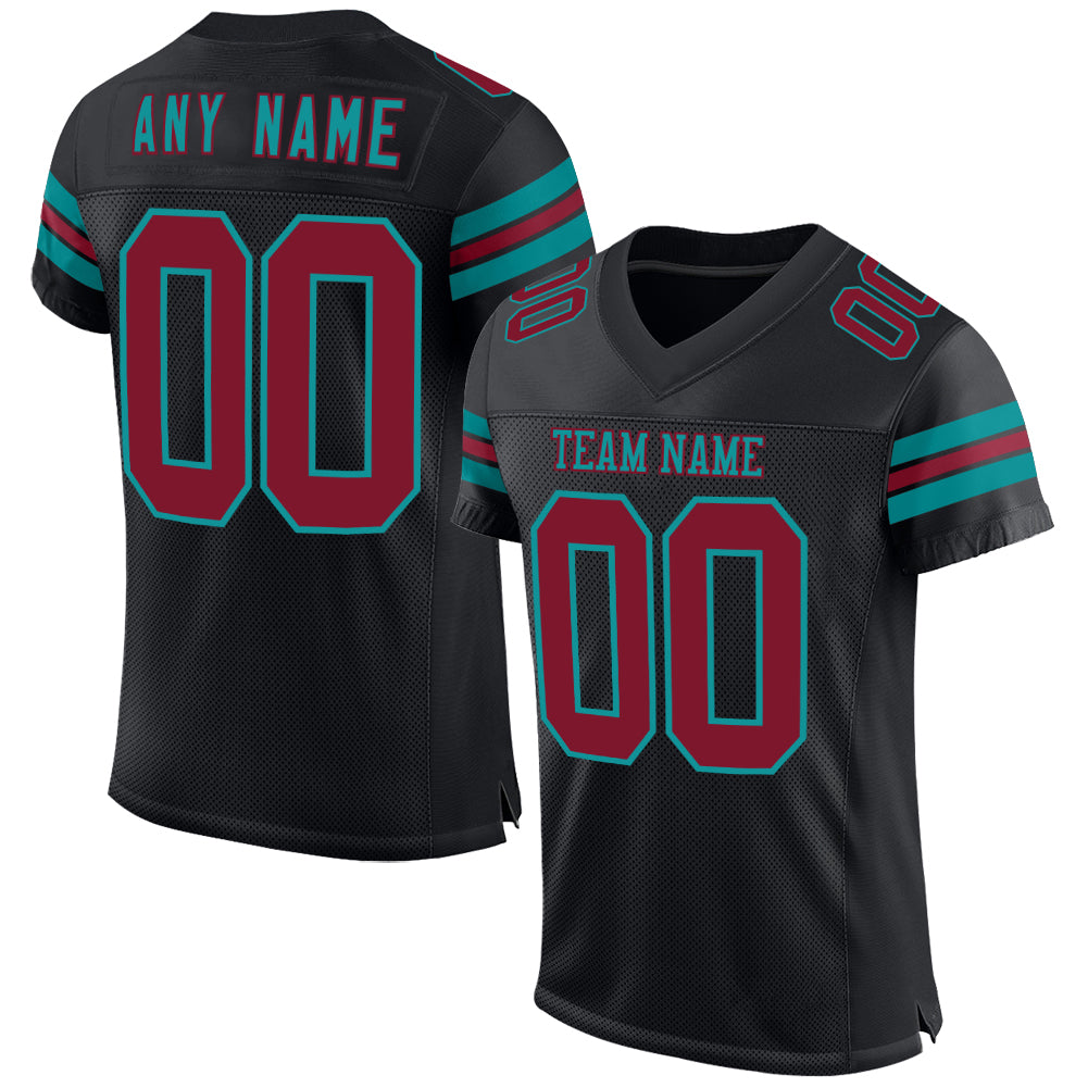 Custom Black Crimson-Teal Mesh Authentic Football Jersey