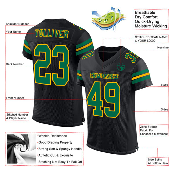 Custom Black Kelly Green-Gold Mesh Authentic Football Jersey