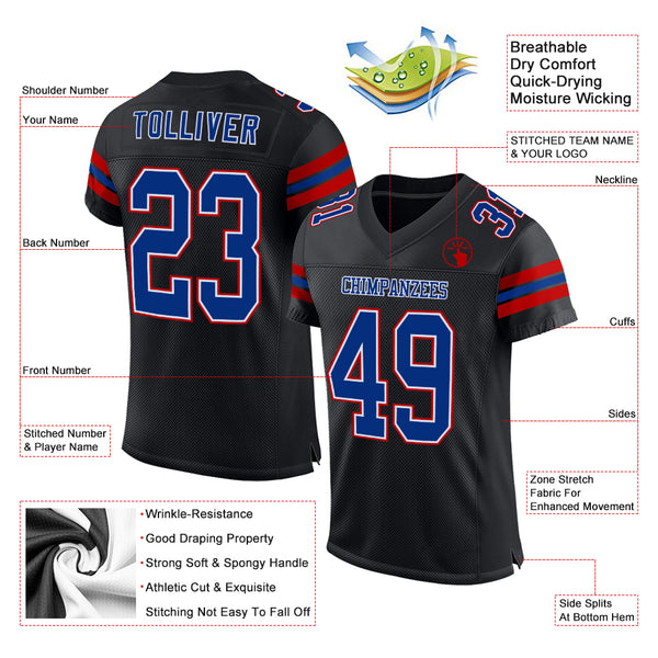 Custom Black Royal-Red Mesh Authentic Football Jersey