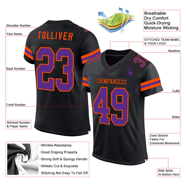 Custom Black Purple-Orange Mesh Authentic Football Jersey