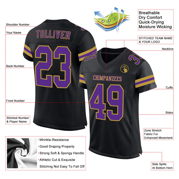 Custom Black Purple-Old Gold Mesh Authentic Football Jersey