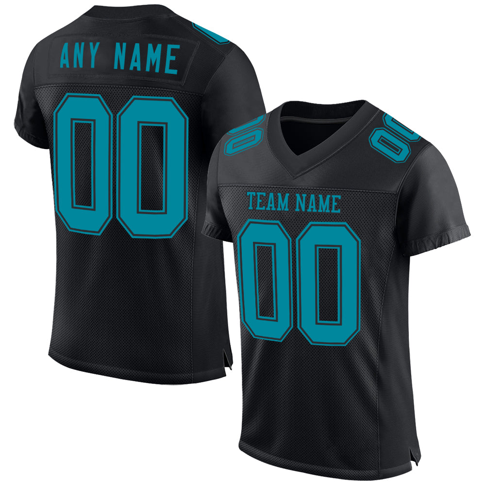 Custom Black Teal Mesh Authentic Football Jersey